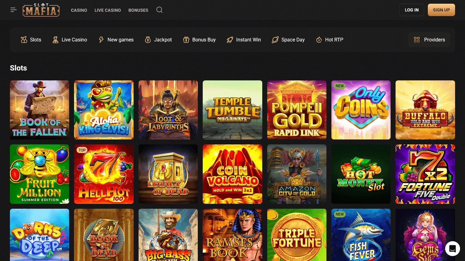 Slot Mafia Casino slots and live casino selection on desktop
